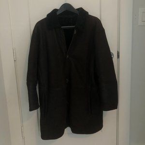 shearling-collar leather car coat brown